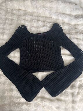 Urban Outfitters Black Open-Knit Crochet Bell Sleeve Top